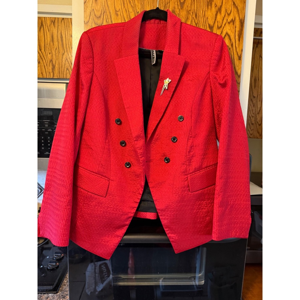 Mary Kay Red Textured Double Breasted Blazer Jacket Career Wear Star Pin